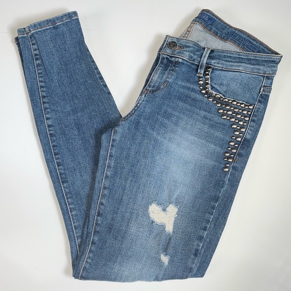 Guess Kate Skinny Studded Dark Wash Frayed Ripped Mid-Rise Jeans 28 - Picture 1 of 11